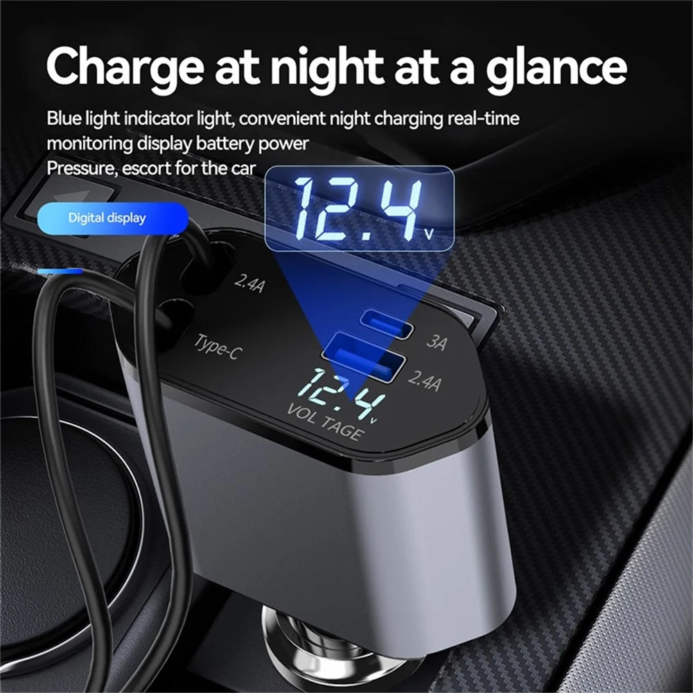 4-in-1 Retractable 100W Fast Car Charger with iPhone and Type-C Cables and Dual Charging Ports