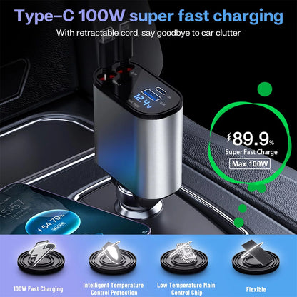 4-in-1 Retractable 100W Fast Car Charger with iPhone and Type-C Cables and Dual Charging Ports