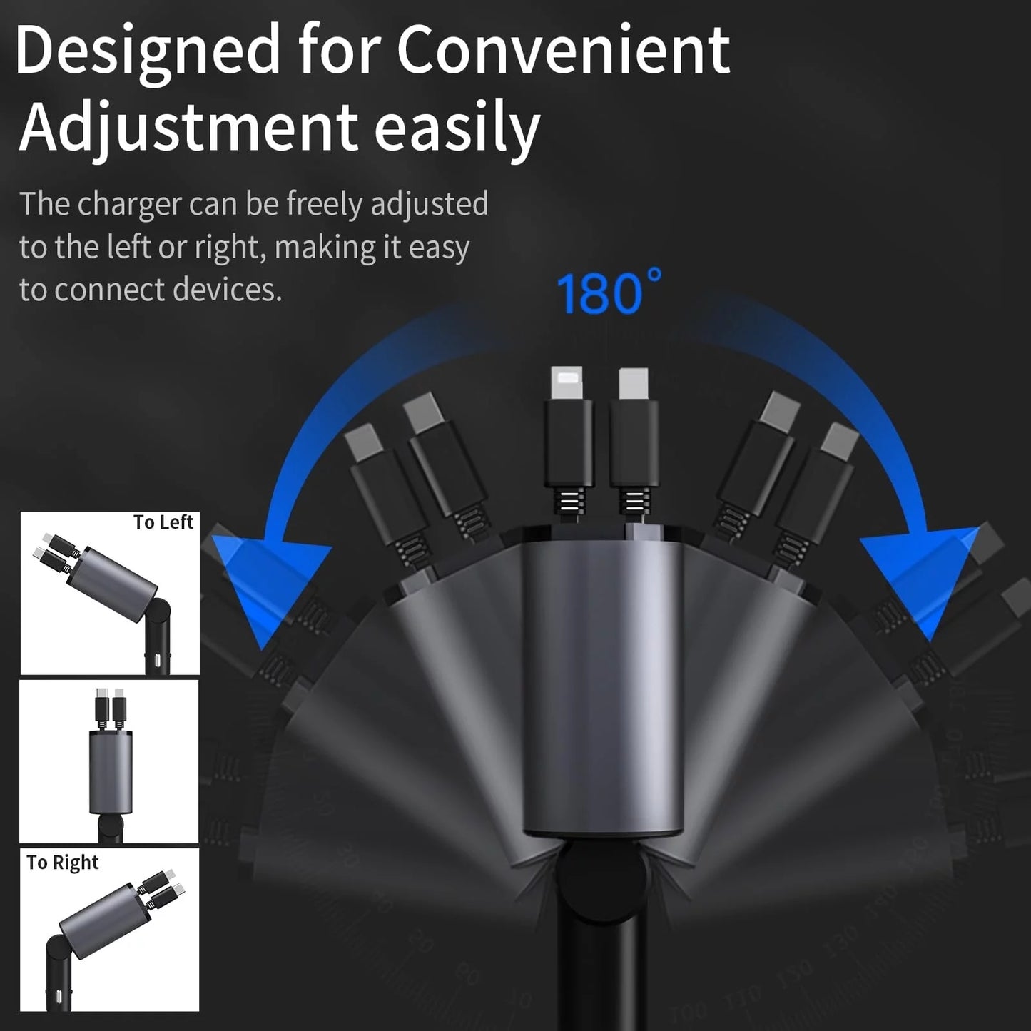 4-in-1 Retractable 100W Fast Car Charger with iPhone and Type-C Cables and Dual Charging Ports