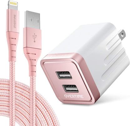 Iphone Charger Set, Apple Mfi Certified Lightning Cable with Dual USB Wall Adapter 2.4 AMP