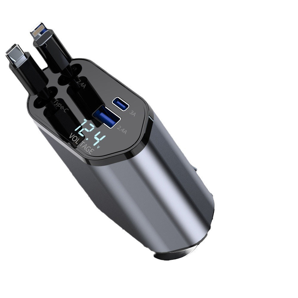 4-in-1 Retractable 100W Fast Car Charger with iPhone and Type-C Cables and Dual Charging Ports